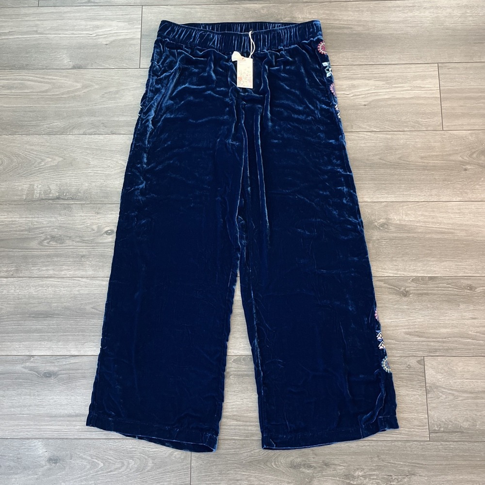 Johnny Was Velvet Wide Leg Pants Womens XL NWT Blue Embroidery